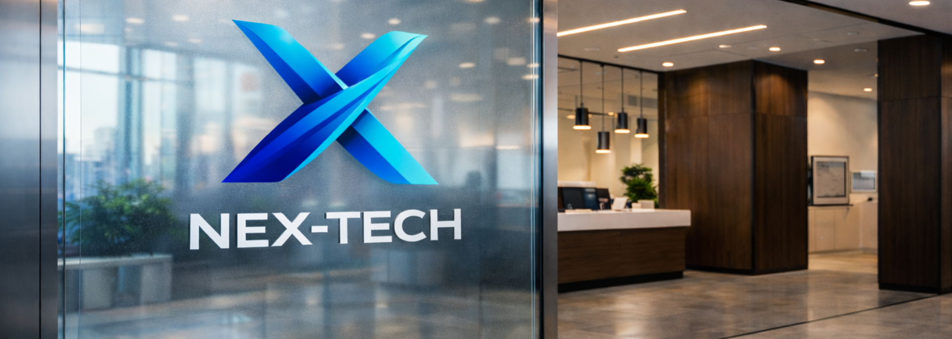 Picture of a beautiful, modern-looking piece of printed glass featuring a company logo.