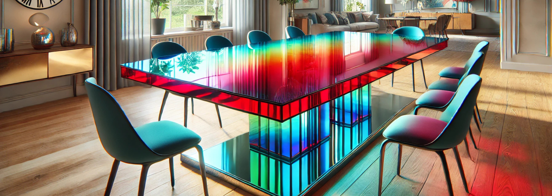 Picture of a brightly coloured glass tabletop.