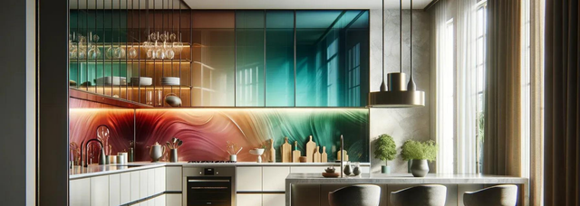 Picture of a coloured splashback in a kitchen. Picture of a coloured splashback in a kitchen.