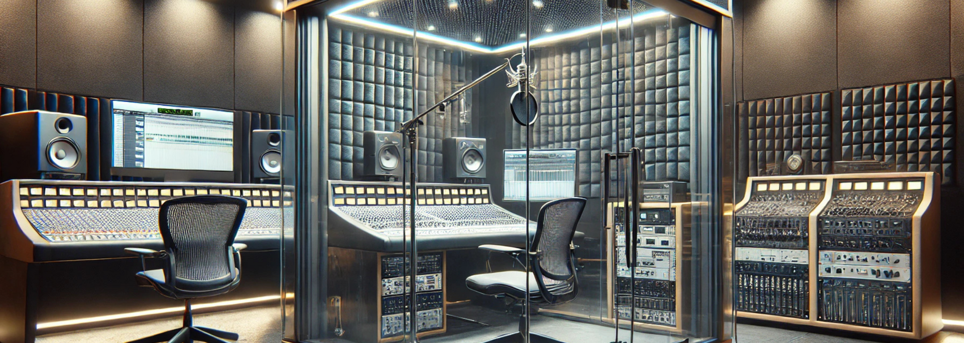 Picture of a recording studio with glass booth.