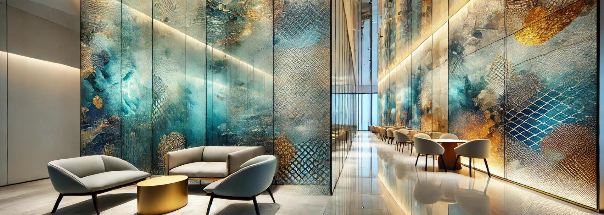 Picture of fabric glass on glass wall cladding, showing the textural possibilities.