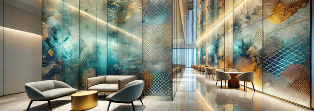 Picture of fabric glass on glass wall cladding, showing the textural possibilities. Picture of fabric glass on glass wall cladding, showing the textural possibilities.