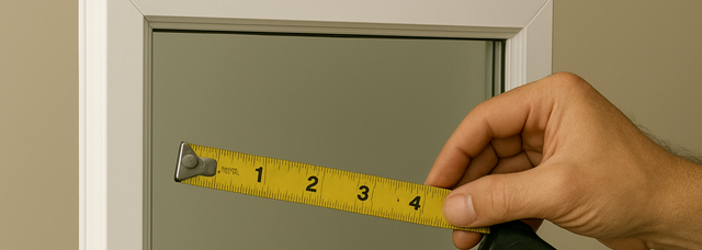 Picture of somebody measuring the thickness of glass in its frame. Picture of somebody measuring the thickness of glass in its frame.