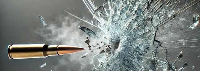Picture spalls flying off a piece of glass hit by a bullet. Picture spalls flying off a piece of glass hit by a bullet.