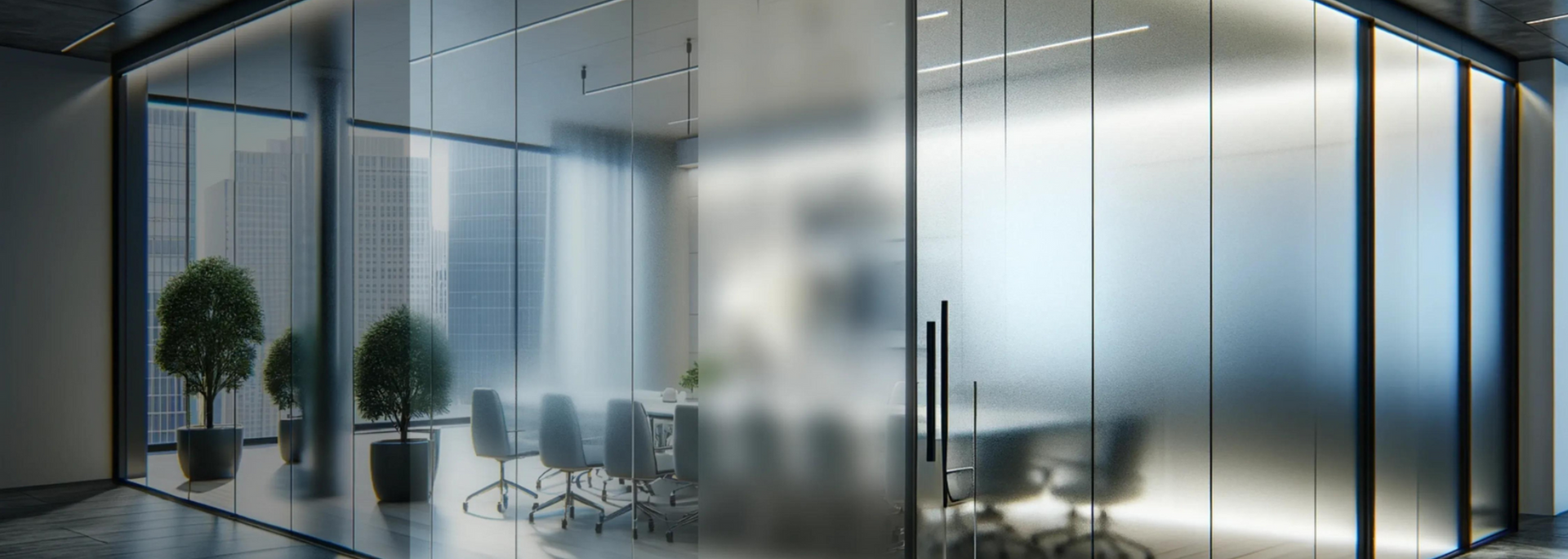 picture of switchable glass, half-dimmed, in an office boardroom.