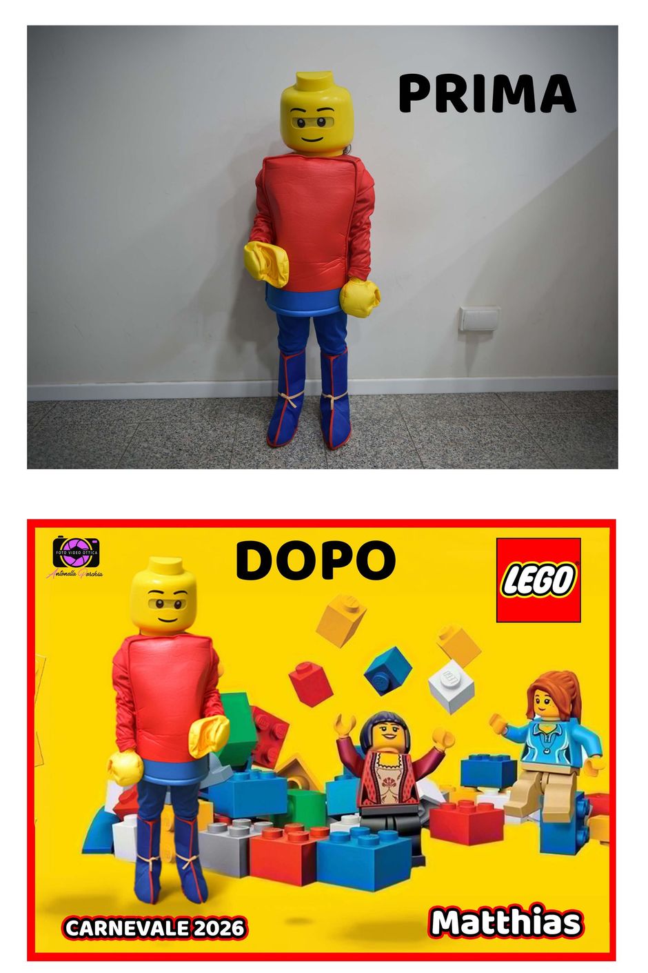 Due bambini in costume, uno da supereroe e l'altro da pompiere, in piedi davanti a un arco di palloncini colorati e coriandoli.