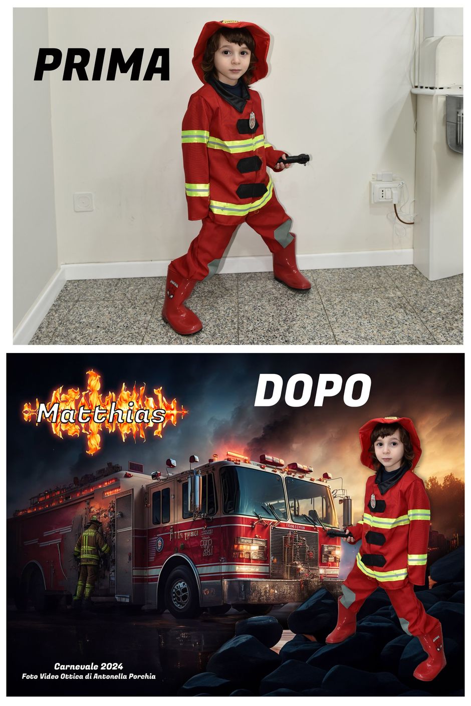 Due bambini in costume, uno da supereroe e l'altro da pompiere, in piedi davanti a un arco di palloncini colorati e coriandoli.