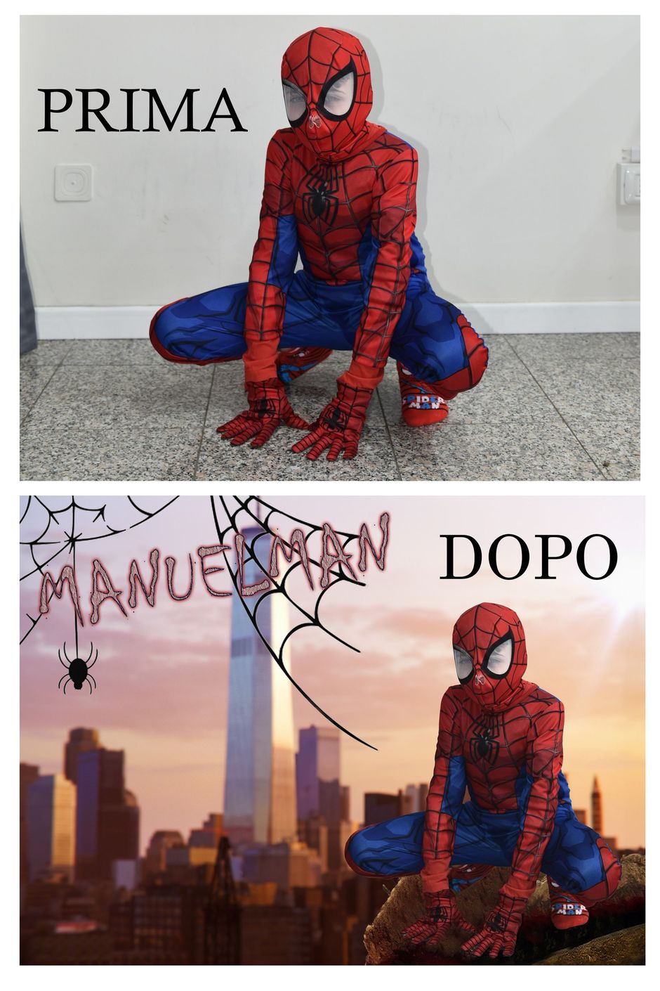 Due bambini in costume, uno da supereroe e l'altro da pompiere, in piedi davanti a un arco di palloncini colorati e coriandoli.