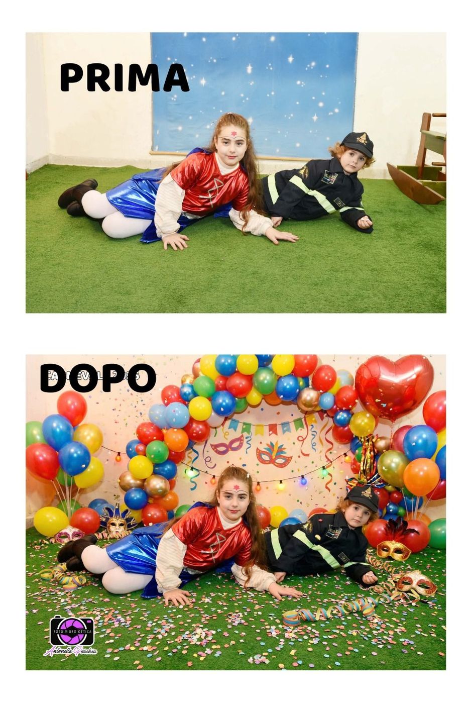 Due bambini in costume, uno da supereroe e l'altro da pompiere, in piedi davanti a un arco di palloncini colorati e coriandoli.