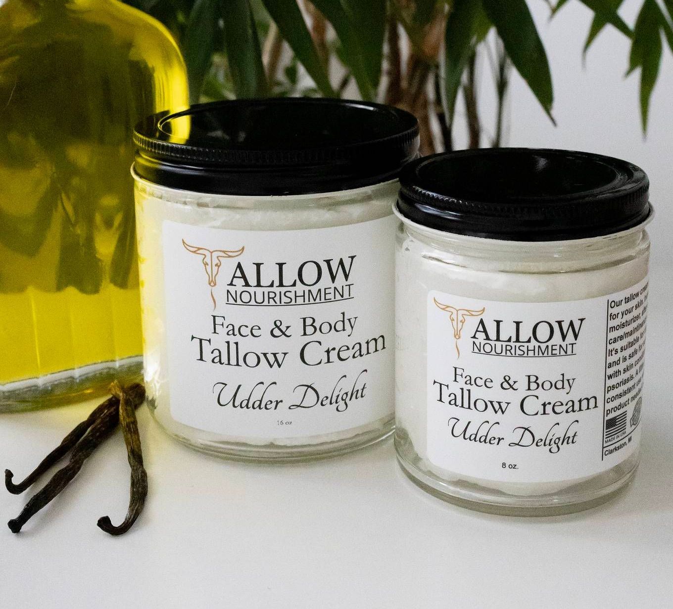 two jars of Allow Nourishment tallow face cream are sitting next to each other