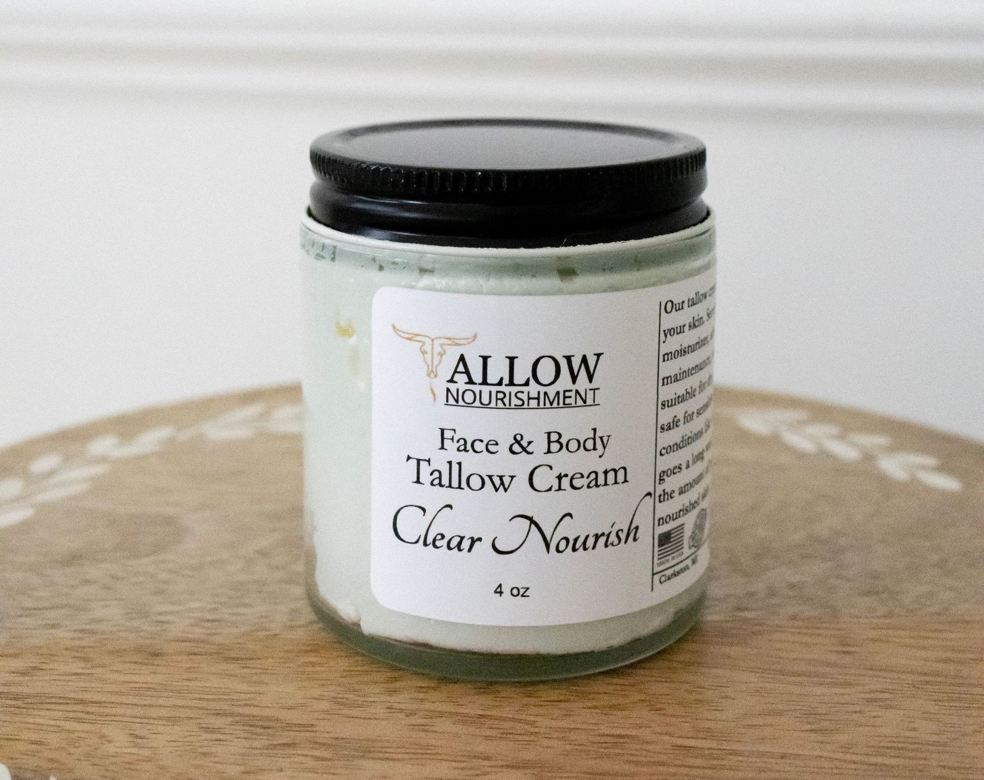 A jar of Allow Nourishment Clear Nourish Tallow Face & Body Cream