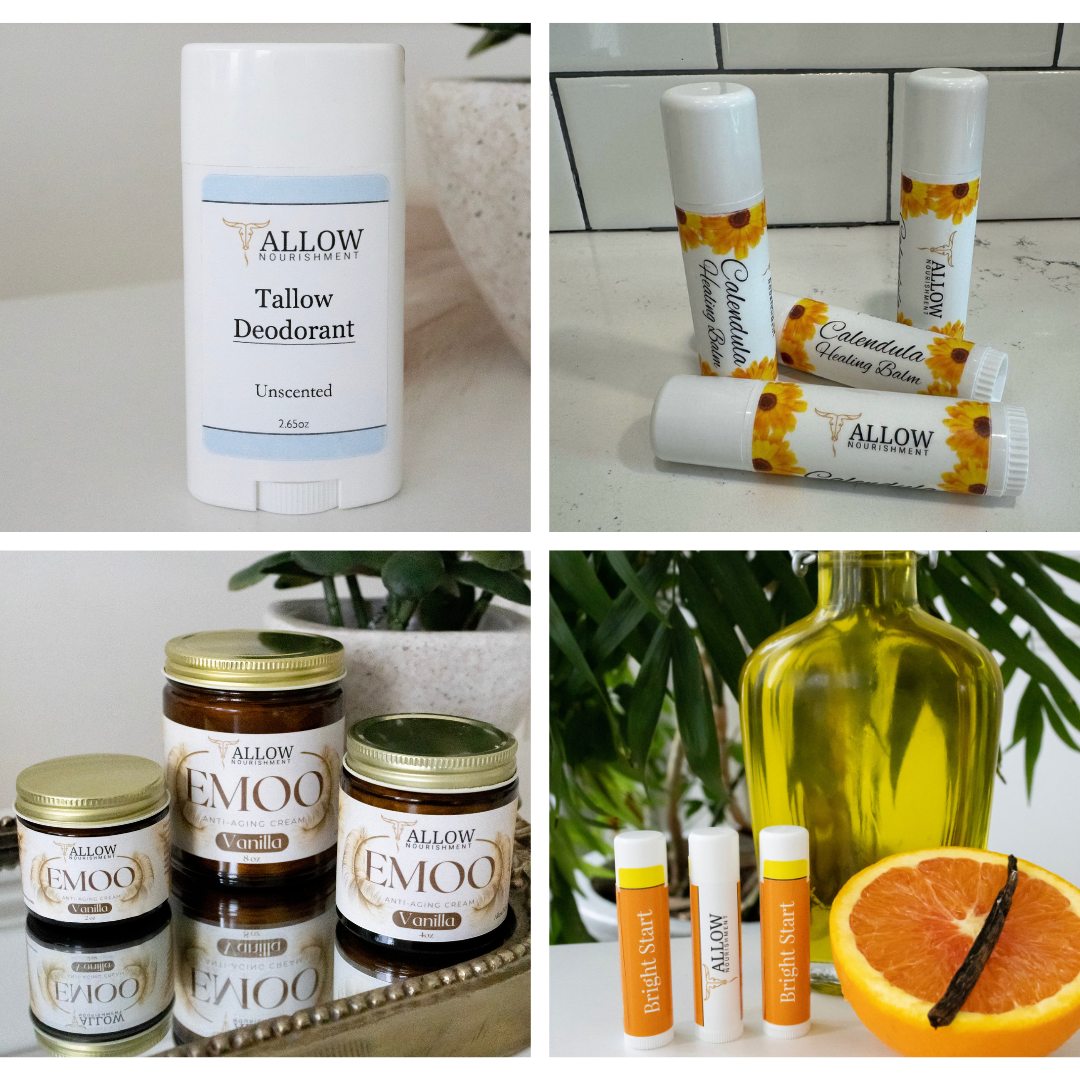 A collage of four pictures of different types of Allow Nourishment Tallow skincare products. 