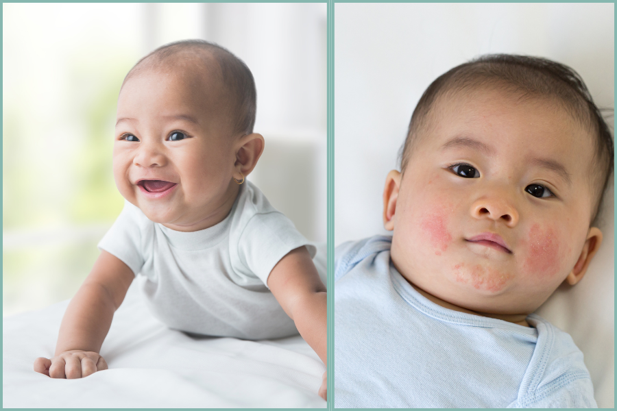 A baby is crawling on a bed and smiling.