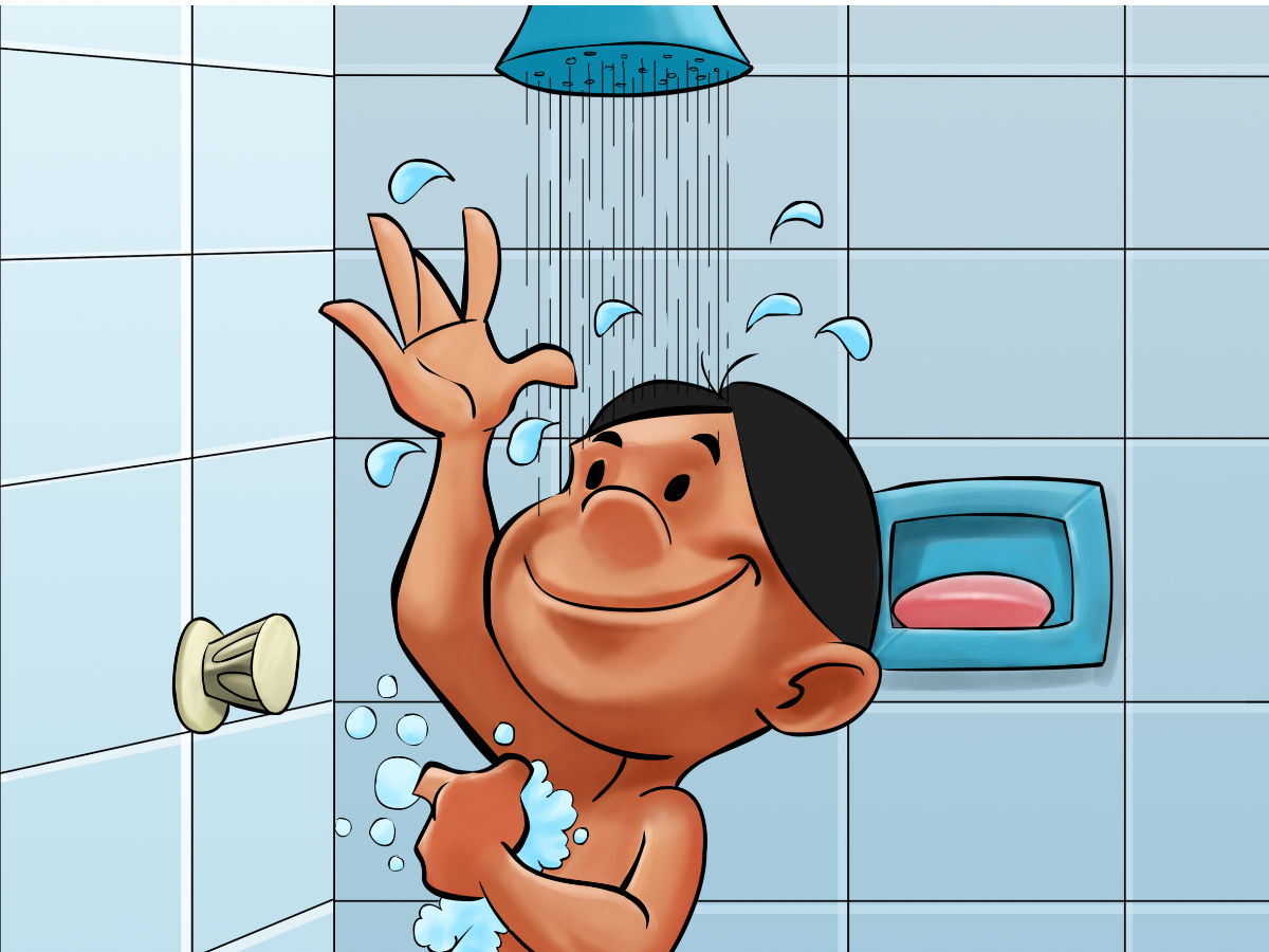 A cartoon of a boy taking a shower in a bathroom