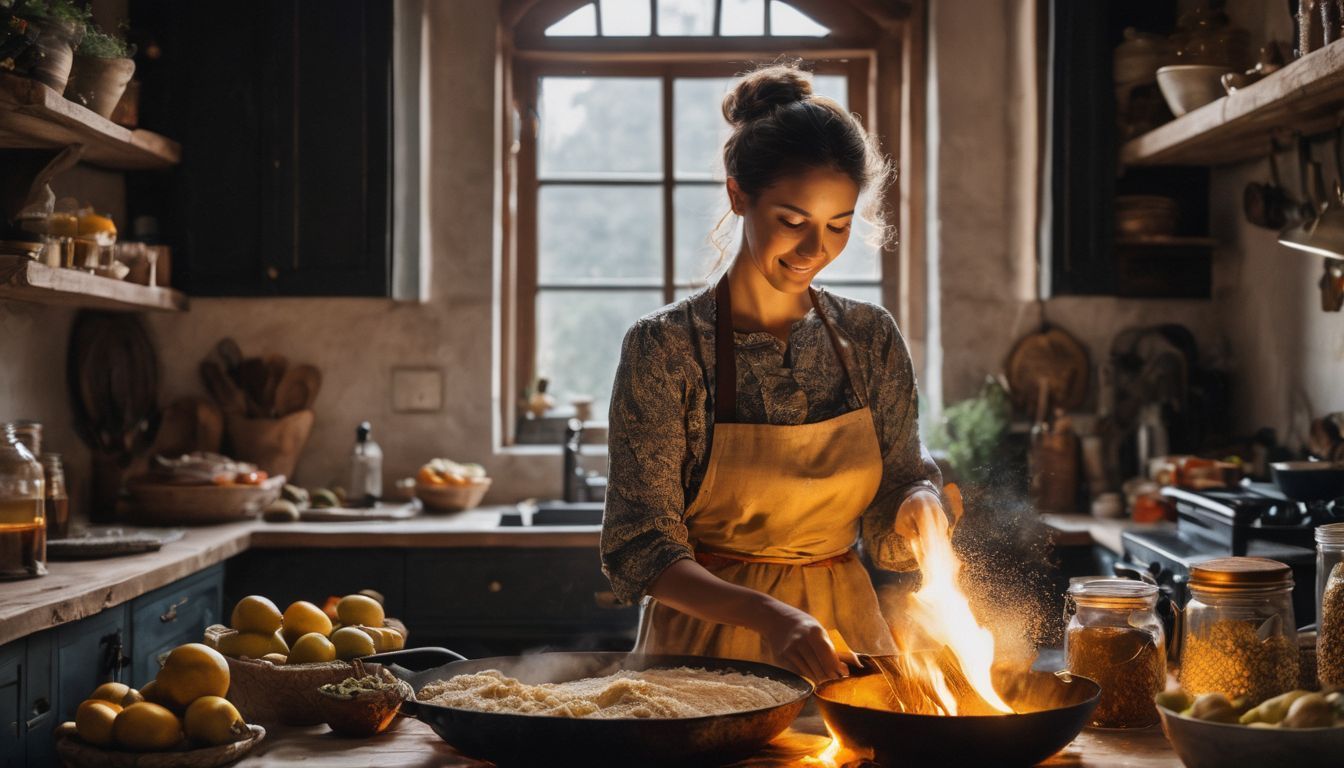 A woman cooking in a traditional kitchen scene with a bustling atmosphere.