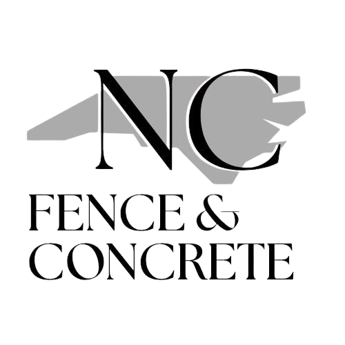 Logo for NC Fence & Concrete: "NC" letters over a gray outline of North Carolina, with text "FENCE & CONCRETE."