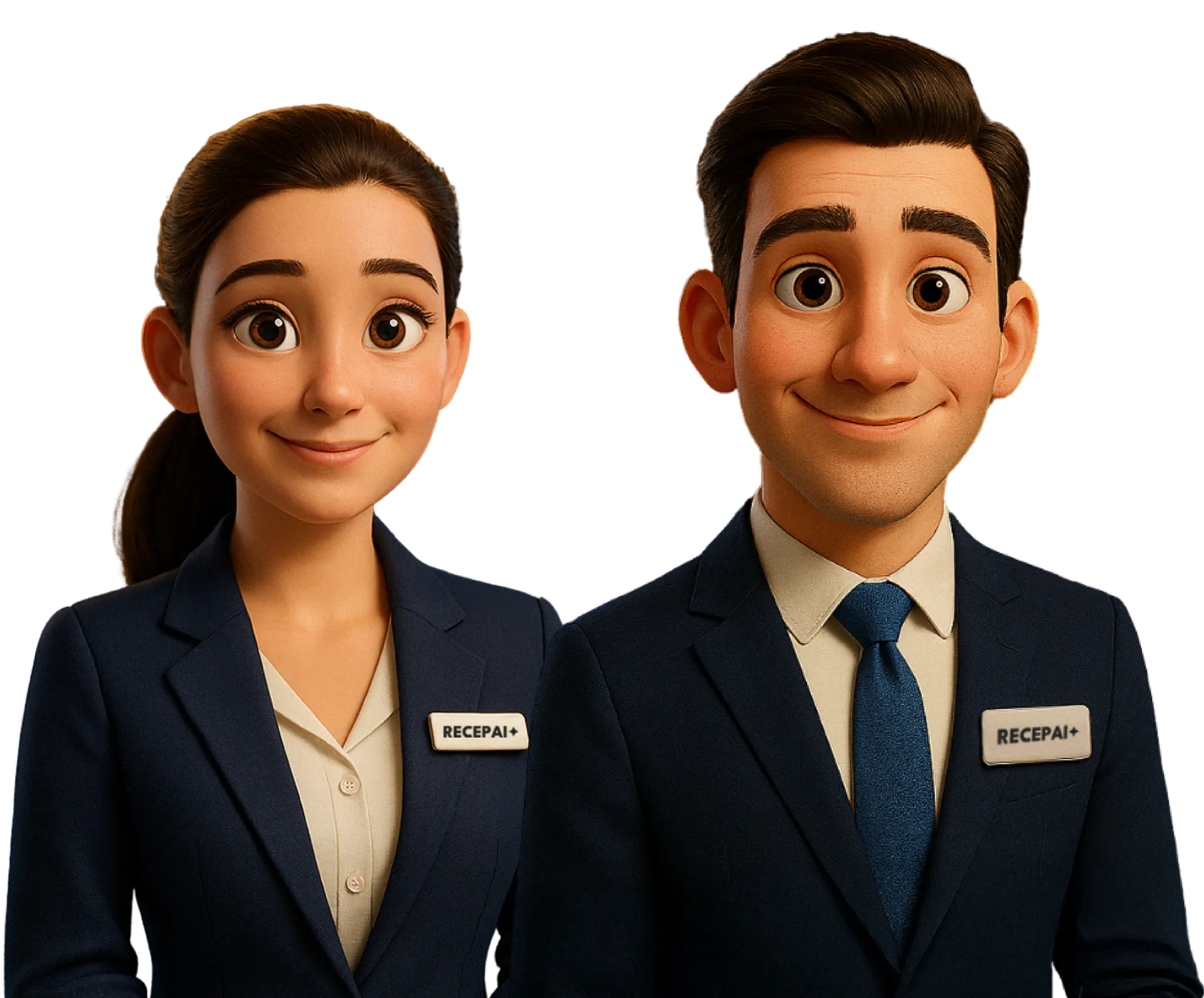 Two smiling figures in dark blue suits, name tags reading 