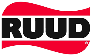 A red and black logo for a company called ruud.