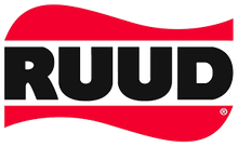 A red and black logo for a company called ruud.
