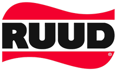 A red and black logo for a company called ruud.