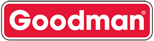 A red and white goodman logo on a white background.