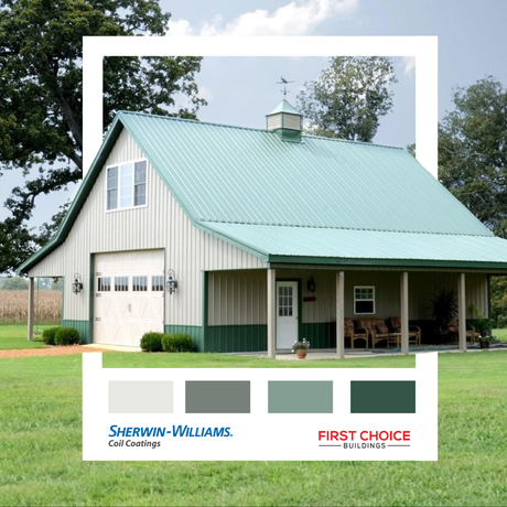 Barn with green roof, white walls, green trim, and a porch. Color palette shows similar green and gray paint options.