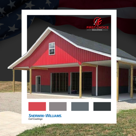 Red and gray barn with attached carport; Sherwin-Williams color swatches and American flag.