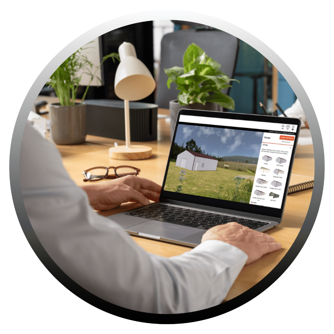 Person on laptop looking at a white house and camera options. Desk, plants, and glasses visible.