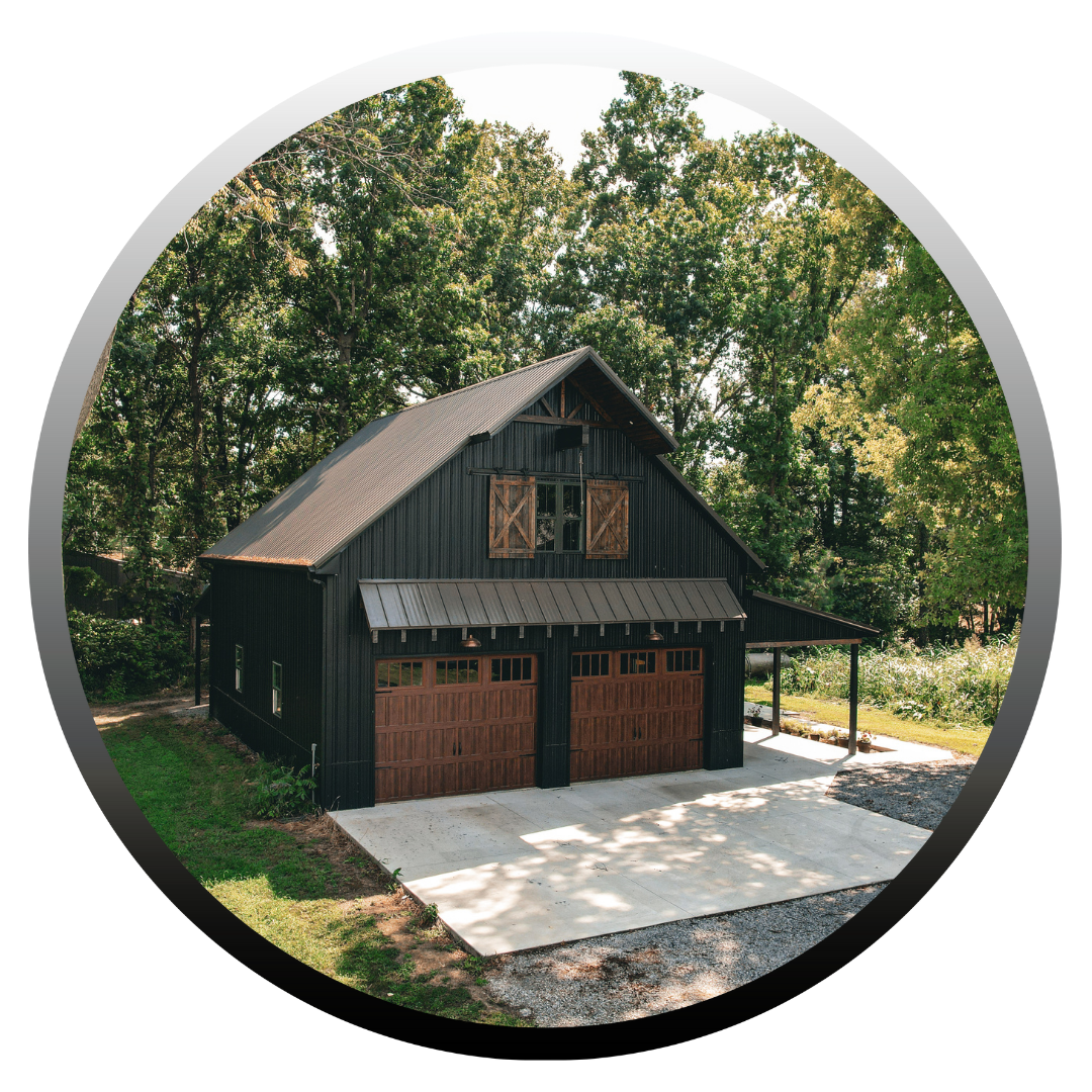 Black two-car garage with brown doors and shutters, set in front of trees, with a concrete driveway.