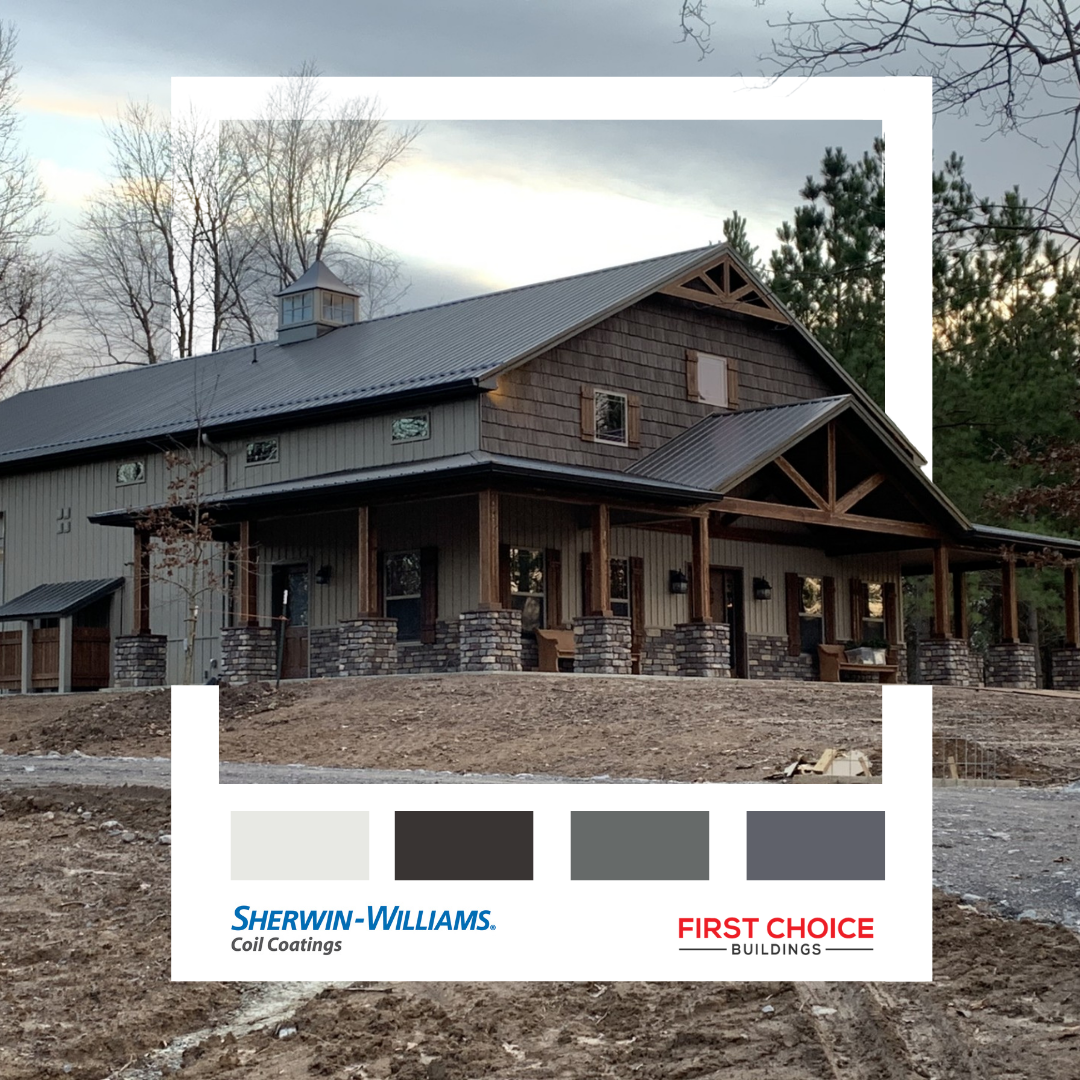 Rustic building exterior with brown and grey paint samples from Sherwin-Williams and First Choice.