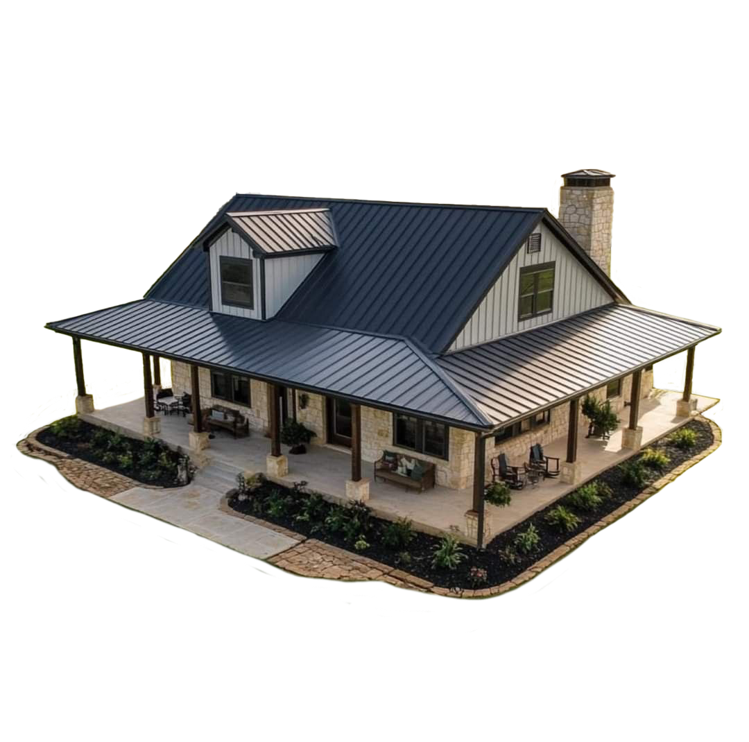 Farmhouse with dark metal roof, wraparound porch, stone chimney, and landscaped beds.