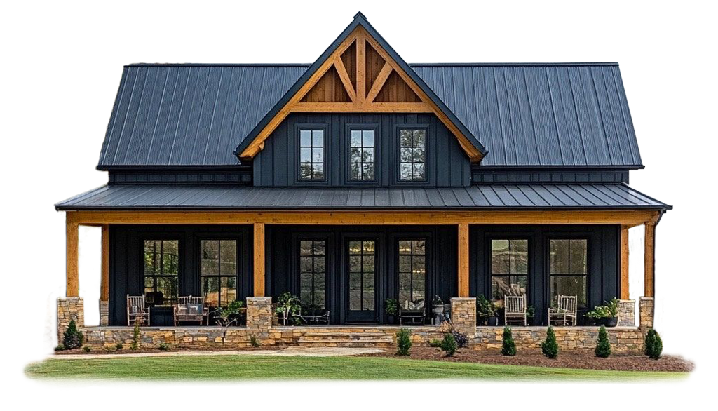 Dark blue farmhouse with a brown porch and roof trim.