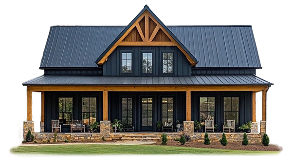 Dark blue farmhouse with a brown porch and roof trim.