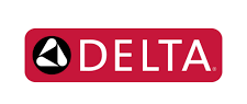 Delta fixtures logo: white triangle logo inside black circle, "DELTA" text in white on red rectangle.