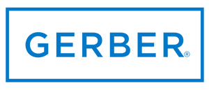 The Gerber logo. Blue text "GERBER." in a white rectangle with a blue border. There is a registered trademark symbol.