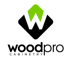 Logo for Woodpro Cabinetry: Black diamond with green "W," text "woodpro" and "cabinetry."