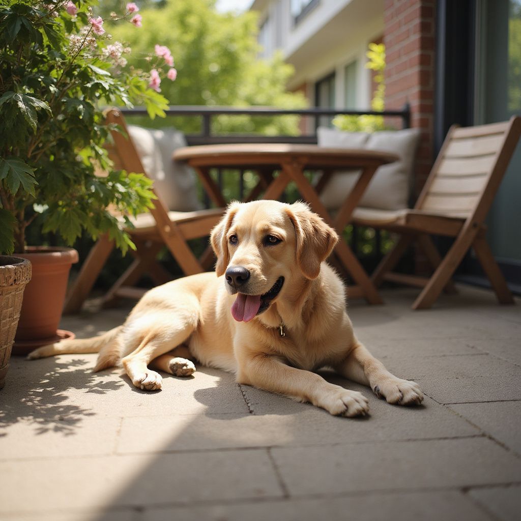 Un cane Labrador dorato si rilassa in un patio con mobili in legno e piante in vaso; giornata di sole.