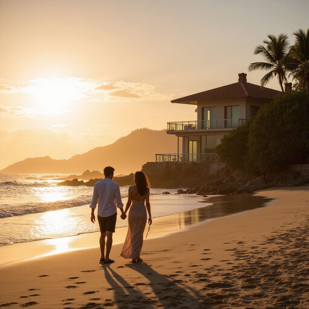 Una coppia che cammina tenendosi per mano su una spiaggia al tramonto, vicino a una casa sul lungomare.