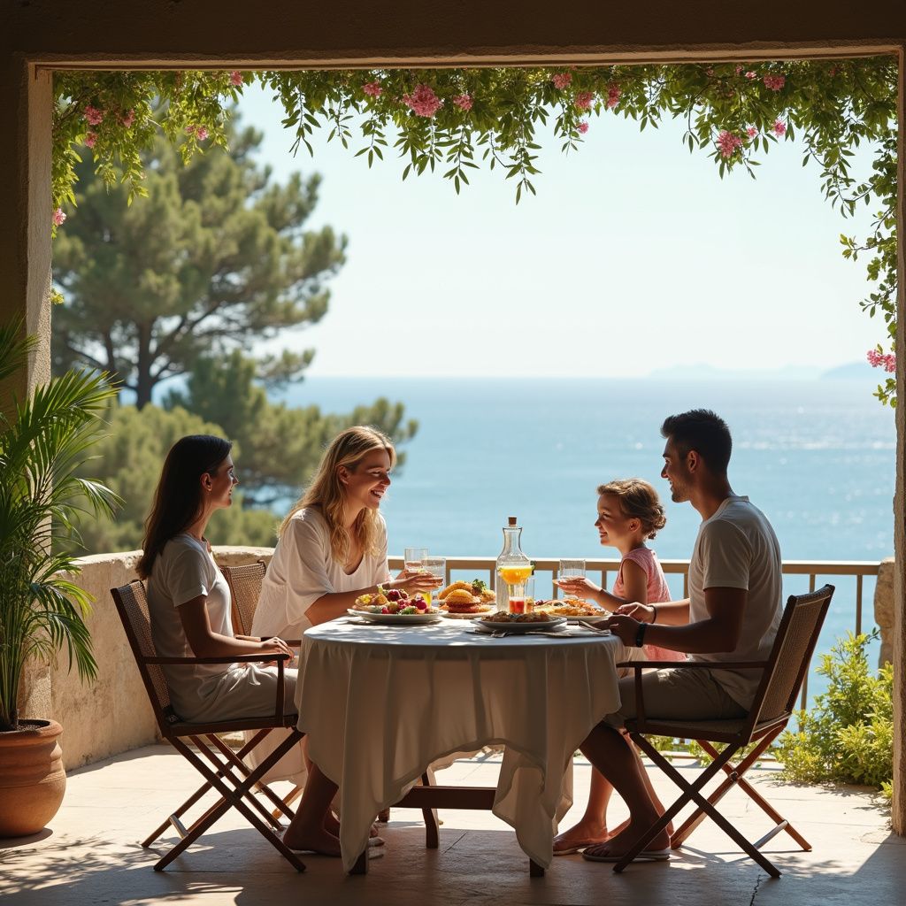 Una famiglia pranza seduta a un tavolo su un balcone con vista sul mare.