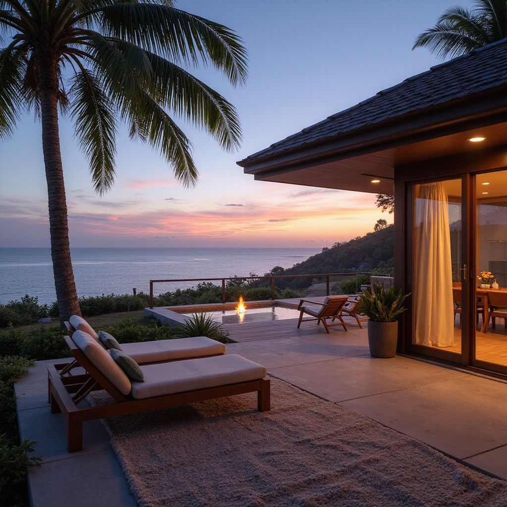 Sedie a sdraio su un patio con vista sull'oceano al tramonto, accanto a una villa con porte scorrevoli.