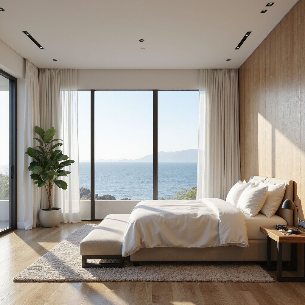 Camera da letto con vista sull'oceano, letto con lenzuola bianche, ampia finestra con tende trasparenti, pannelli in legno.
