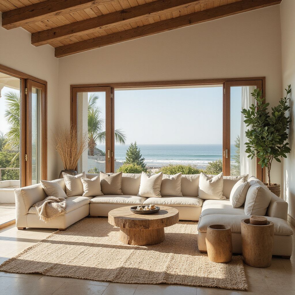 Soggiorno con divano componibile beige, tavolino da caffè e vista sull'oceano.