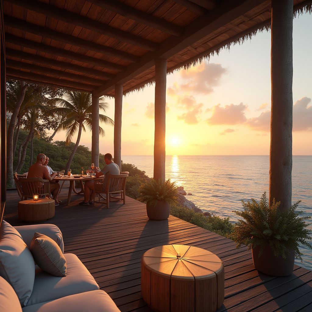 Vista del tramonto da una terrazza in legno con persone che cenano; sono visibili l'oceano, le piante e un divano.