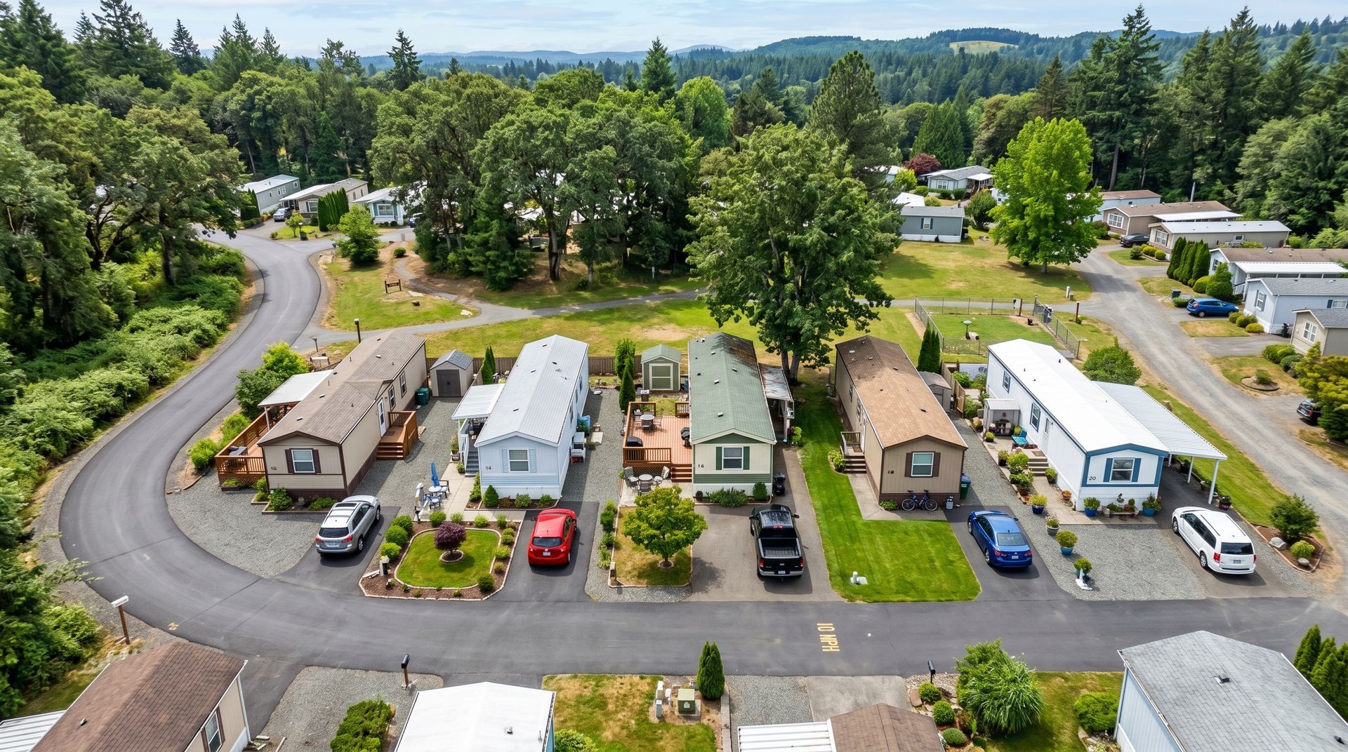 Aerial view of a curved street with mobile homes, parked cars, and trees in a quiet neighborhood.