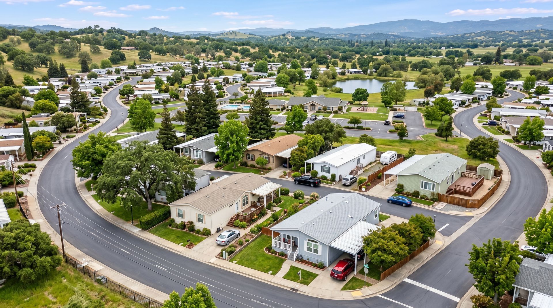 Aerial view of a suburban neighborhood with winding streets, houses, trees, and distant hills