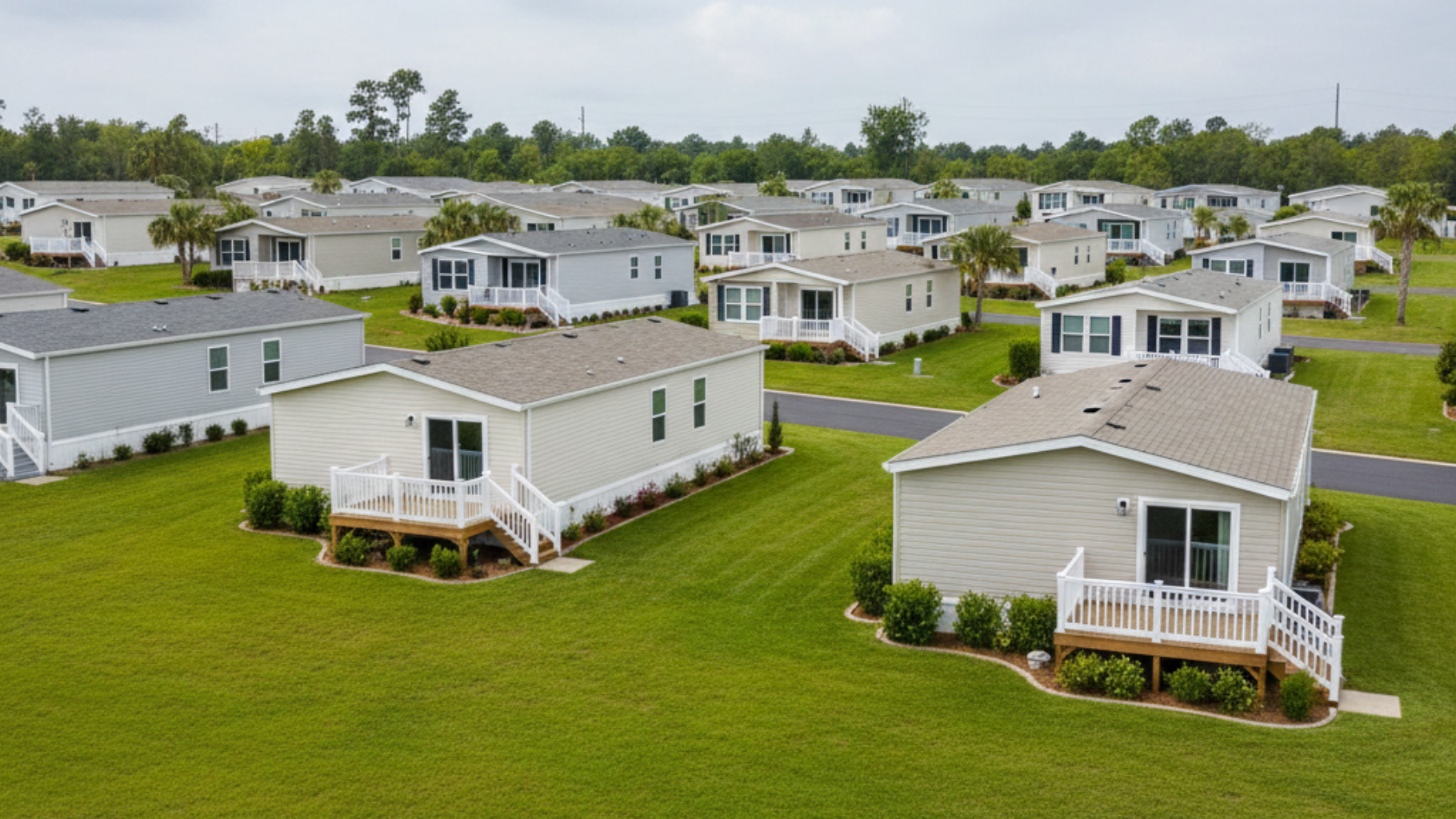 Aerial view of a mobile home park with many light-colored homes on green grass, under a cloudy sky.