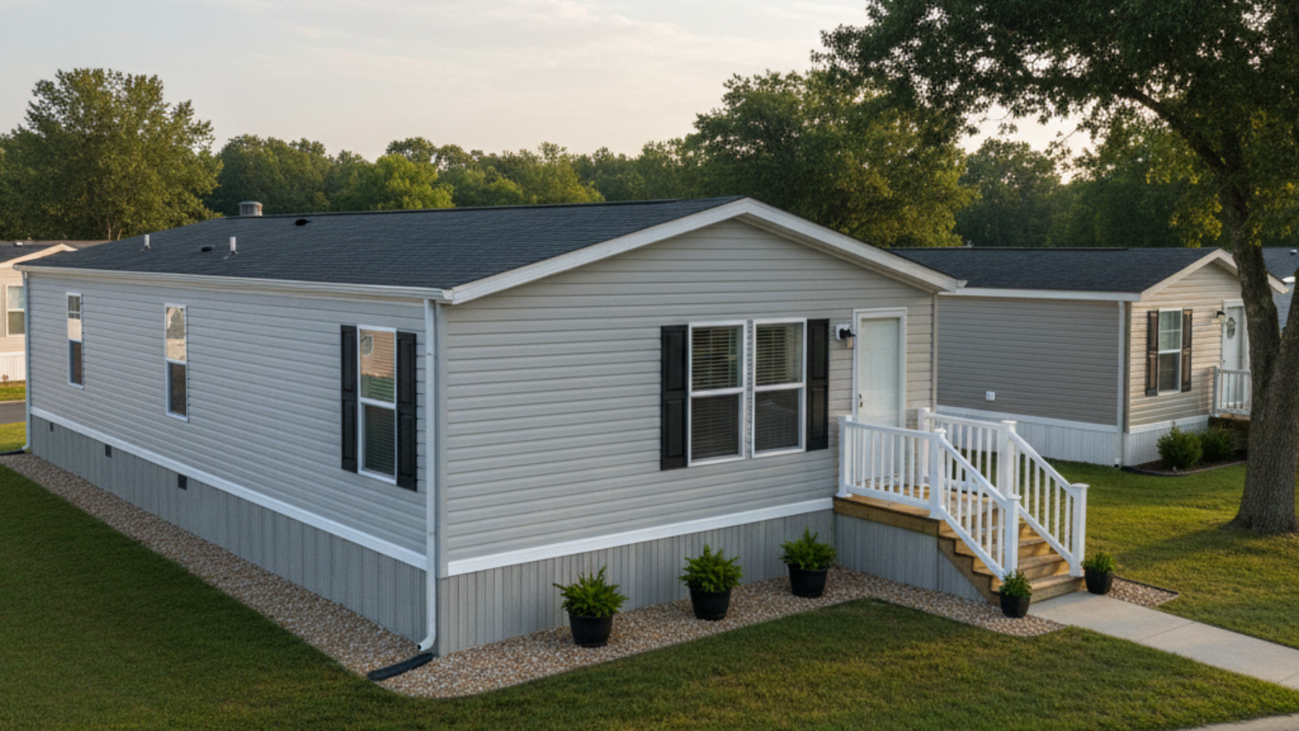 Light gray manufactured home with black shutters, small porch, and landscaping.