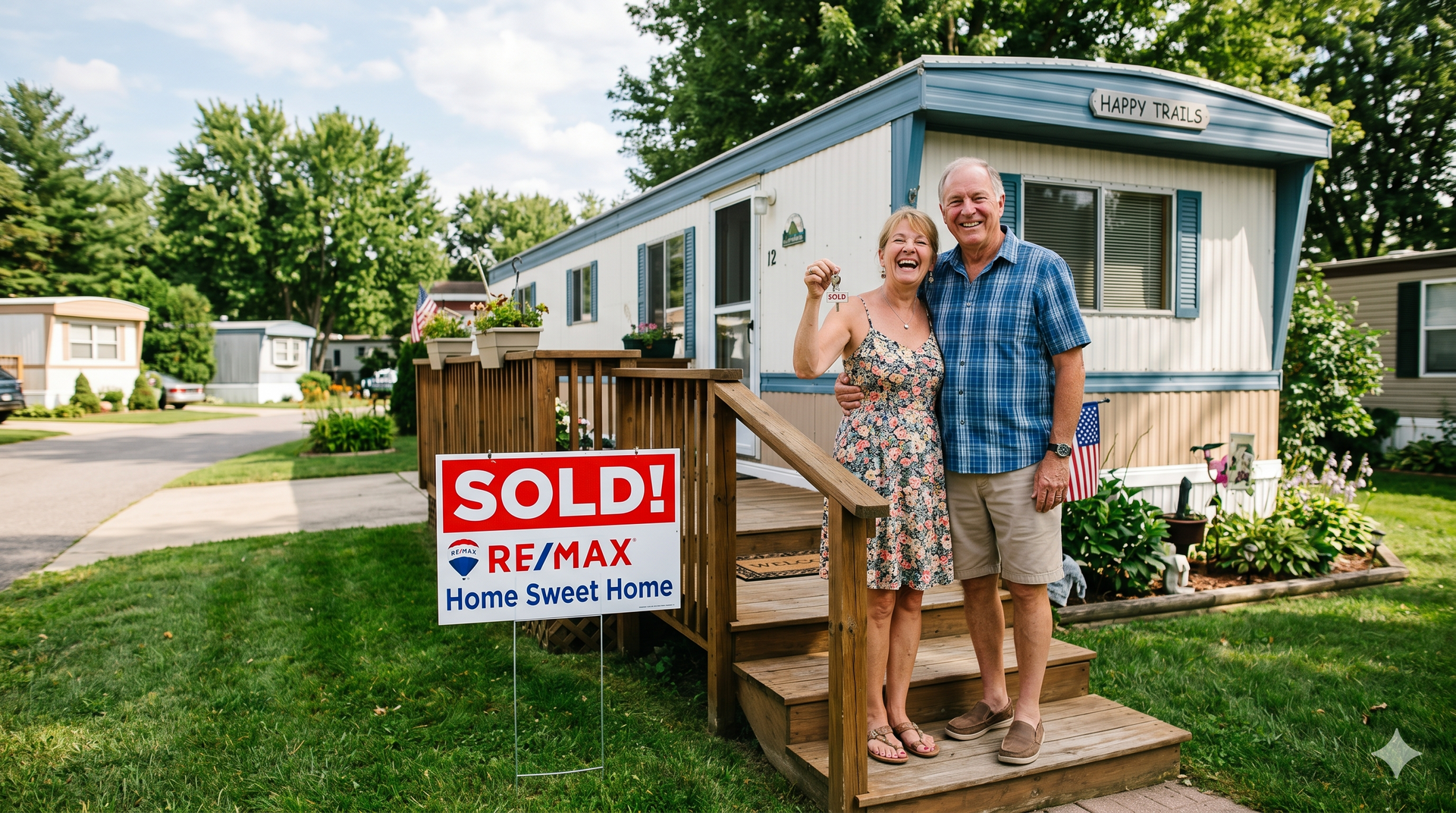 Smiling couple standing by a red SOLD sign outside a mobile home in a sunny neighborhood