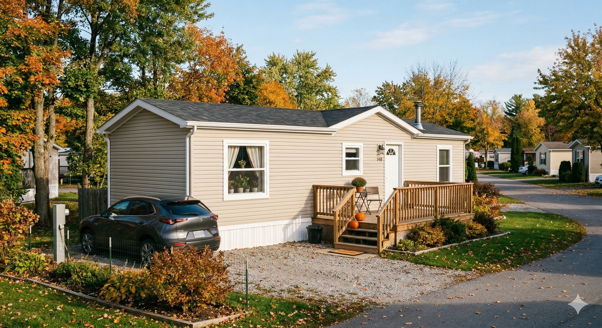 Mobile home with brown siding, wooden deck, and gravel driveway on a sunny day. A car is parked nearby.