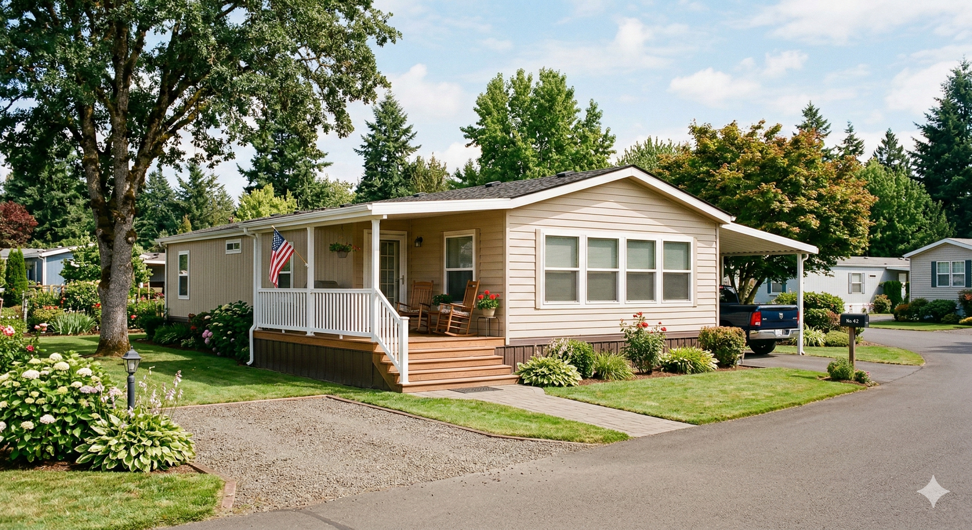 Beige mobile home with a small porch, driveway, and landscaping in a community setting.